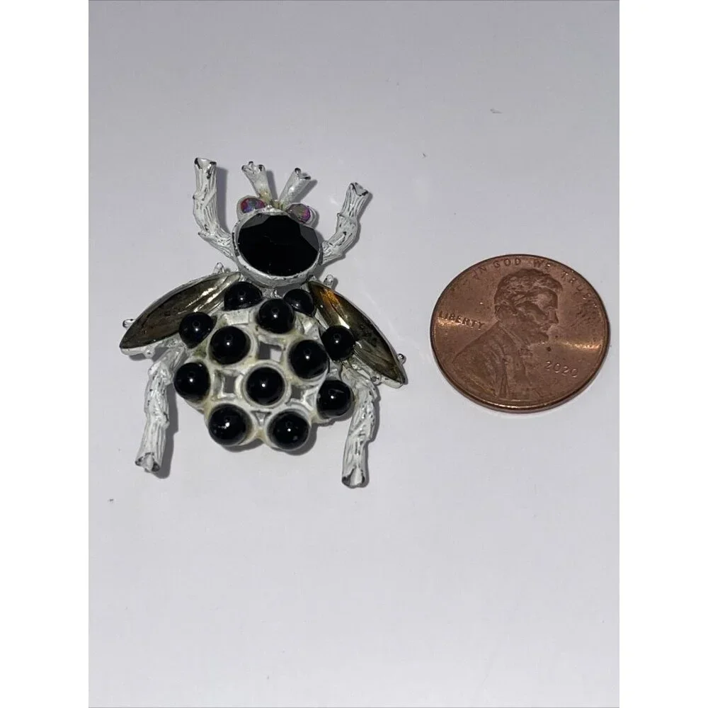 RARE! Bijou White Enamel Bug Bee Fly Rhinestone Brooch Pin Vintage‎ AL2.1